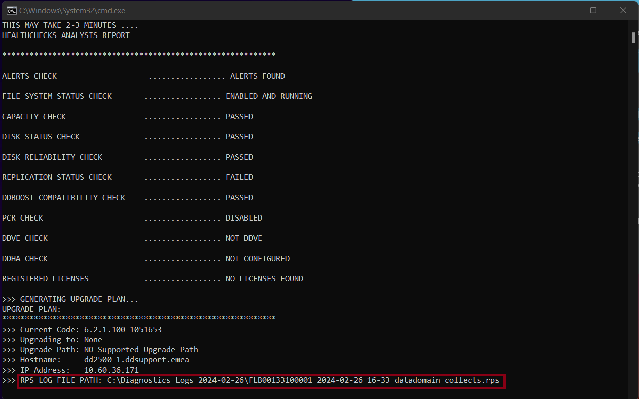 Informe de análisis de HealthChecks y ubicación de la ruta de archivo del registro de RPS