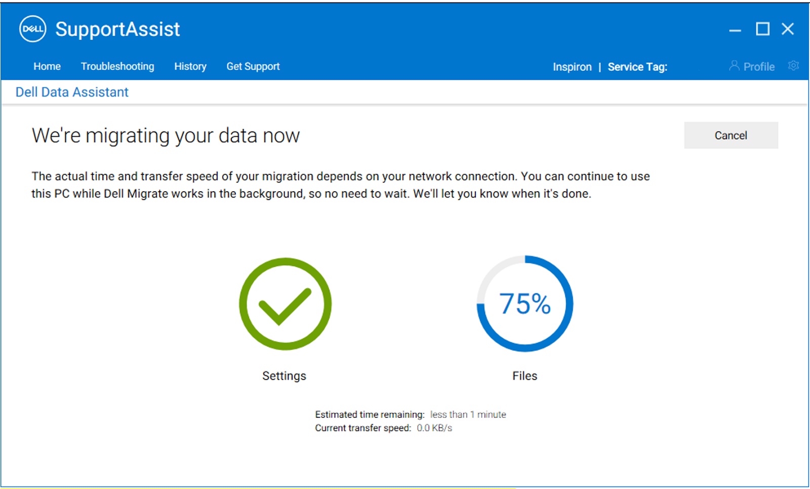 Nowy komputer (komunikat Migration in Progress (Migracja w toku) wyświetlany na nowym komputerze)