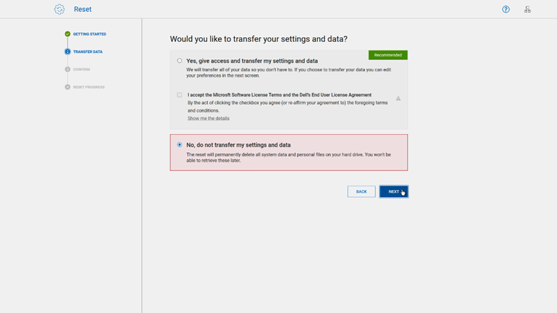 Datensicherungsoption während des Reset-Vorgangs in SupportAssist OS Recovery