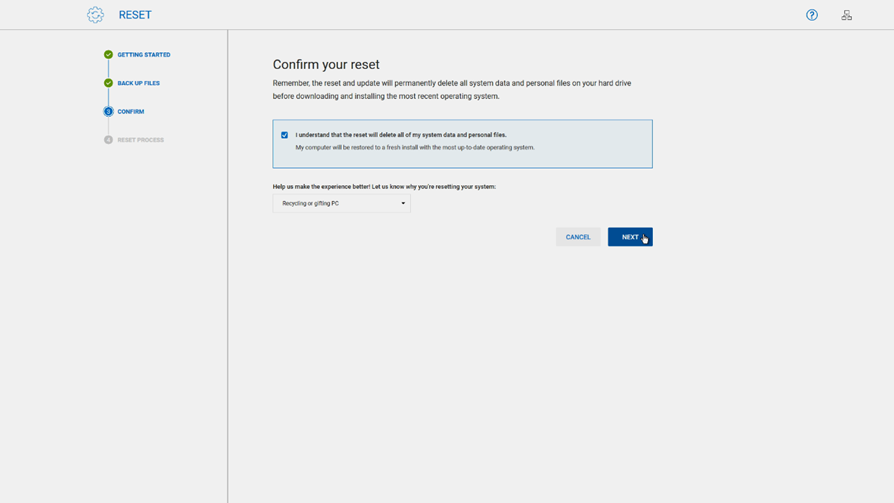 Selecteer een reden voor het resetten in SupportAssist OS Recovery