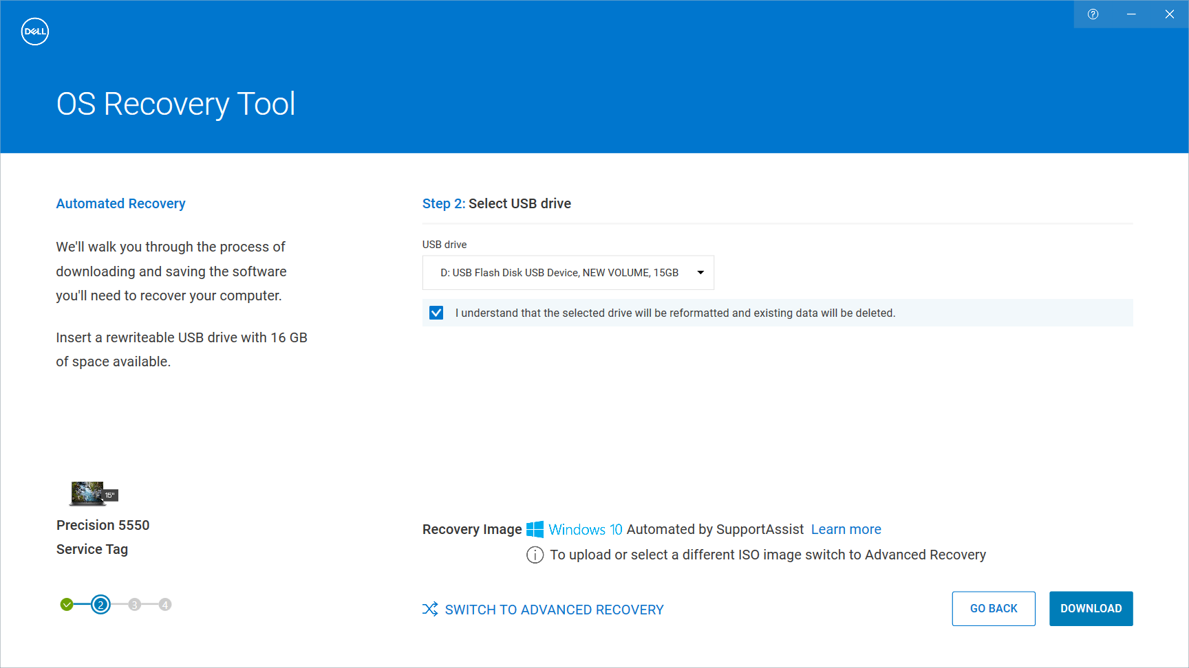 Dell OS Recovery ToolでのUSBドライブの選択