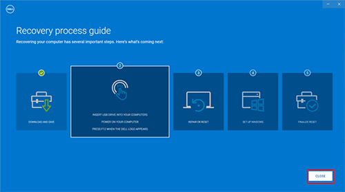 Écran Recovery process guide sur l’outil&nbsp;Dell&nbsp;OS&nbsp;Recovery&nbsp;Tool