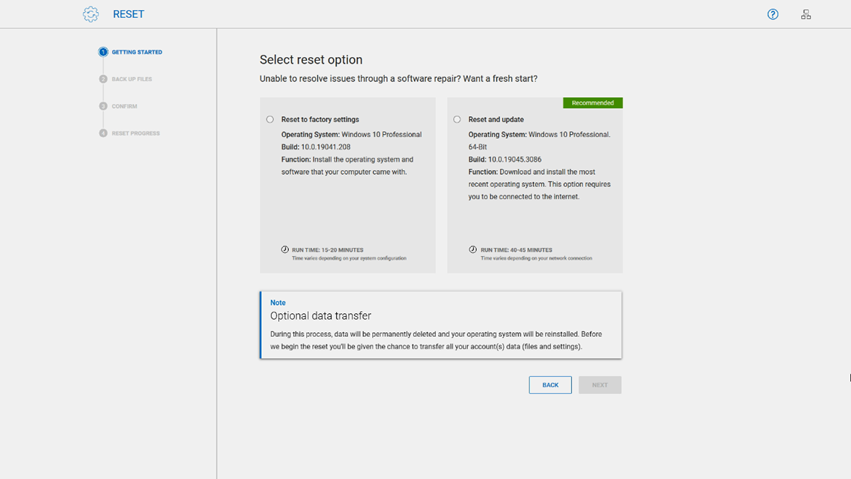 Alternativer for tilbakestilling i SupportAssist OS Recovery