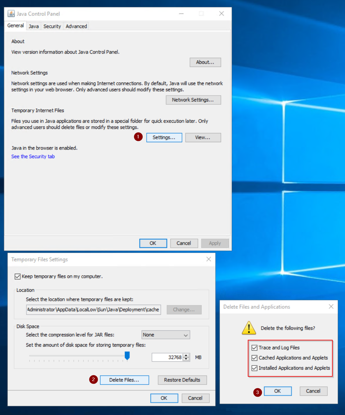 Cancellazione della cache Java dal pannello di controllo Java