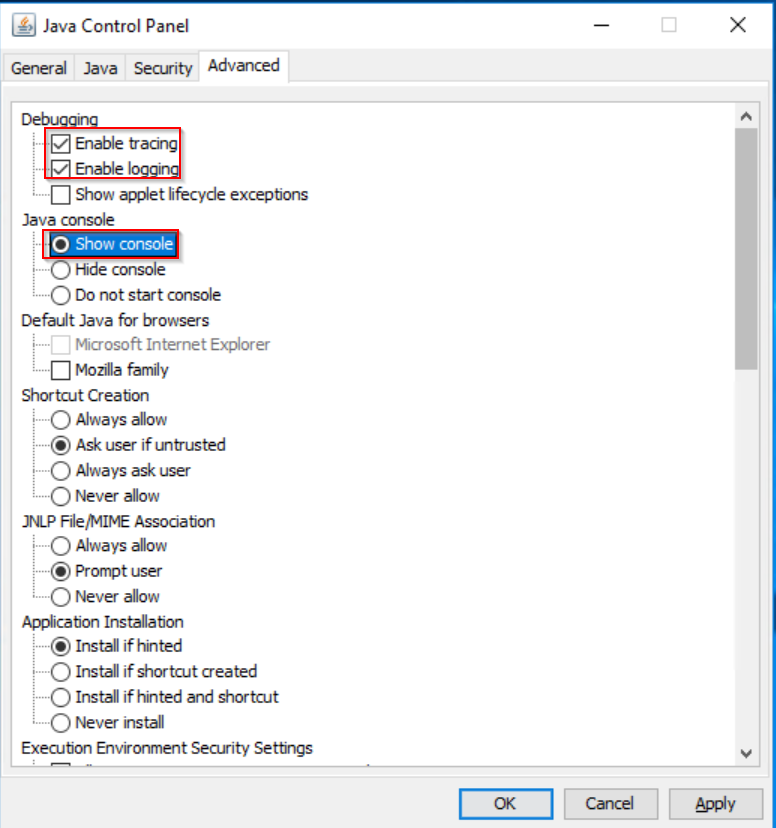 Aktivering av Java-konsollen og logging