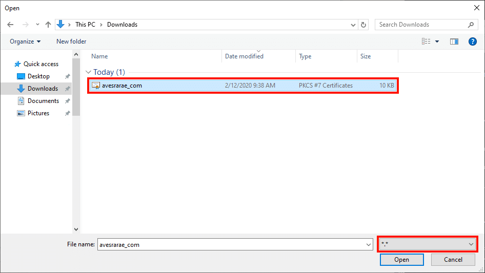 Select certificate file in explorer