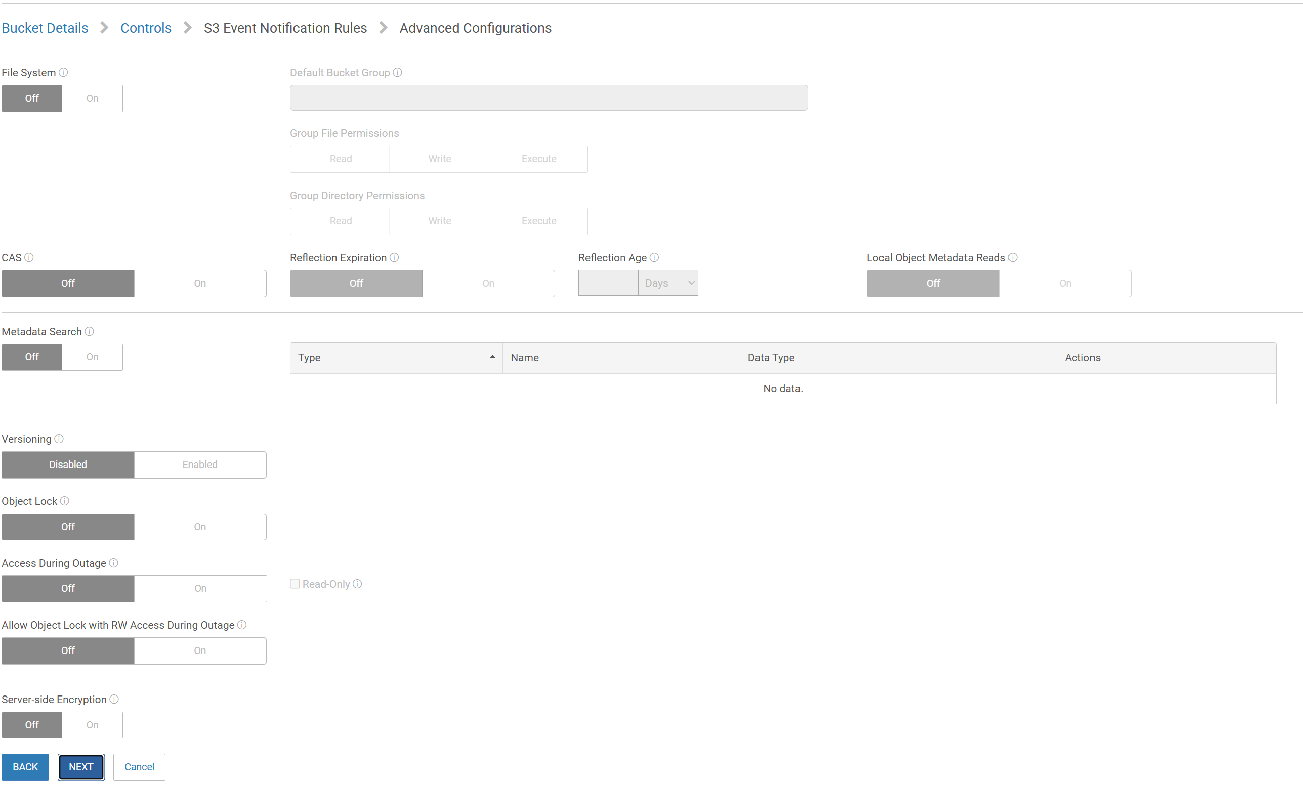 Interfaccia utente che mostra le opzioni Bucket Details -> Controls