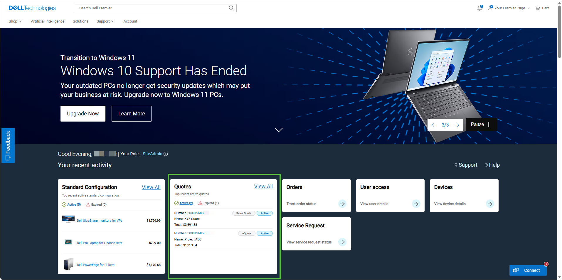 Access your quotes from the Premier homepage