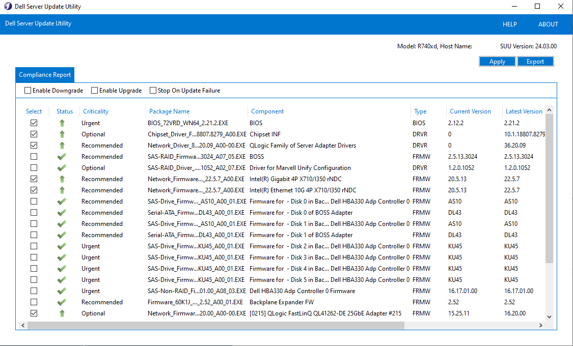 Benutzeroberfläche des Dell Server Update-Dienstprogramms unter Windows