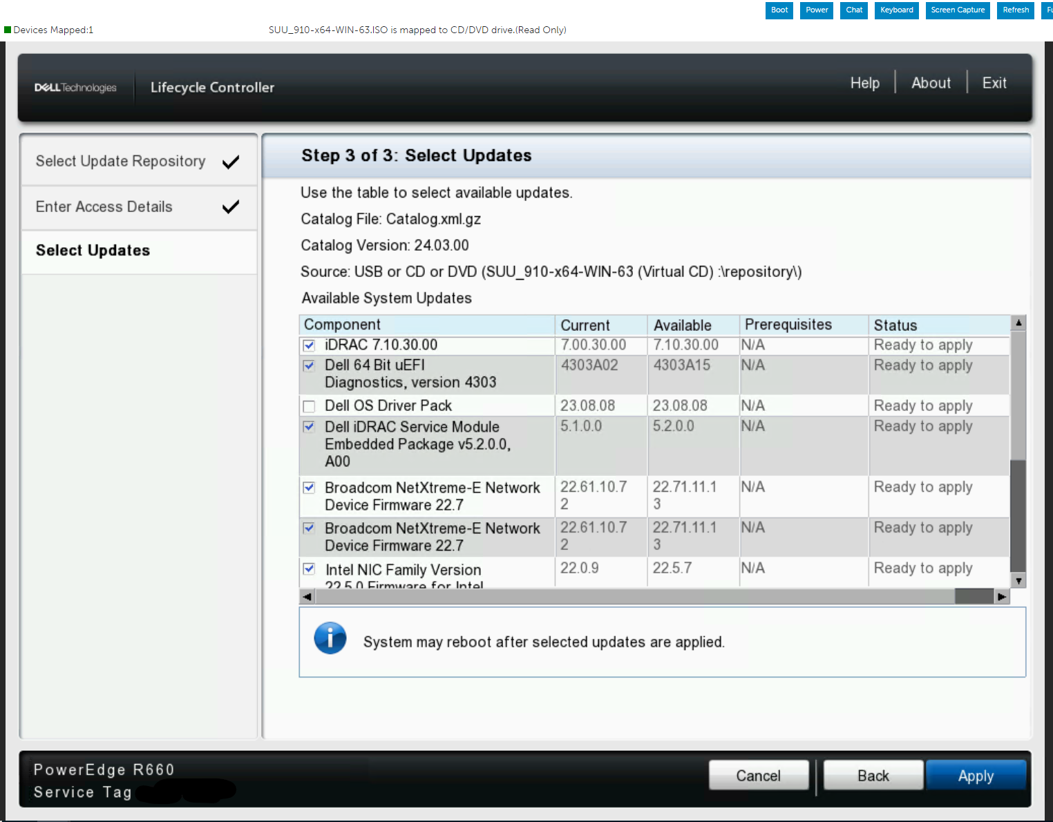 Benutzeroberfläche des Dell Server Update-Dienstprogramms im Lifecycle Controller