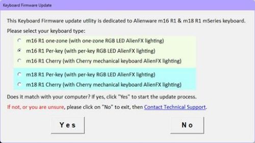 Menu wyboru typu klawiatury: Alienware m16 R1, Alienware m18 R1, Alienware m16 R1 AMD, Alienware m18 R1 AMD.
