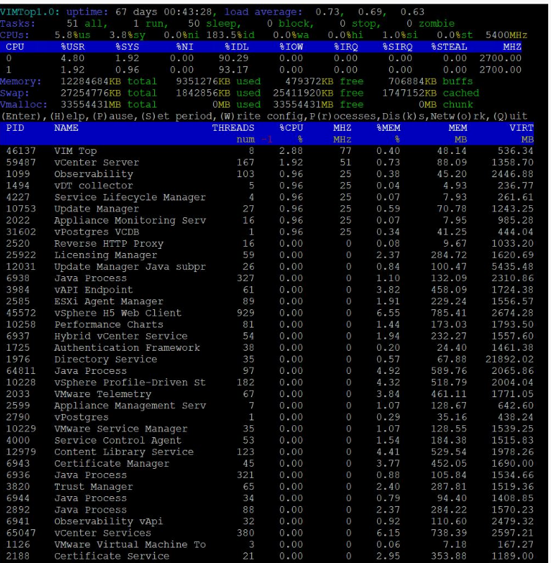 Output del comando Vimtop