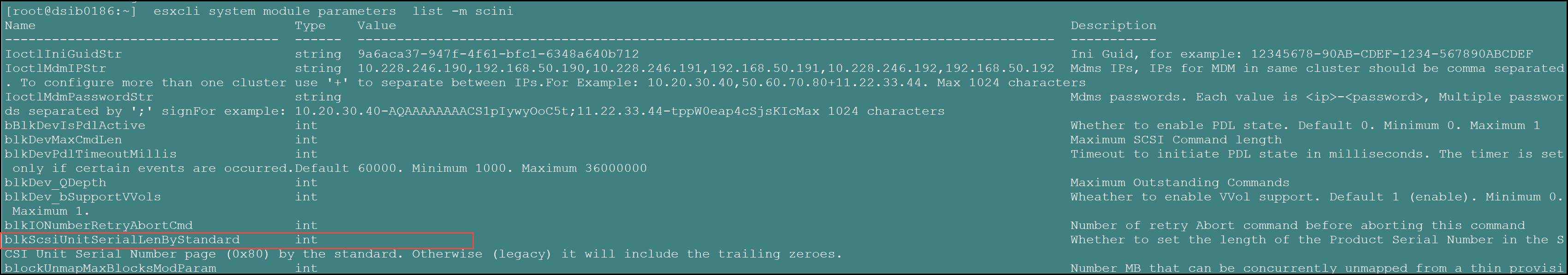 esxcli system module parameter list -m scini
