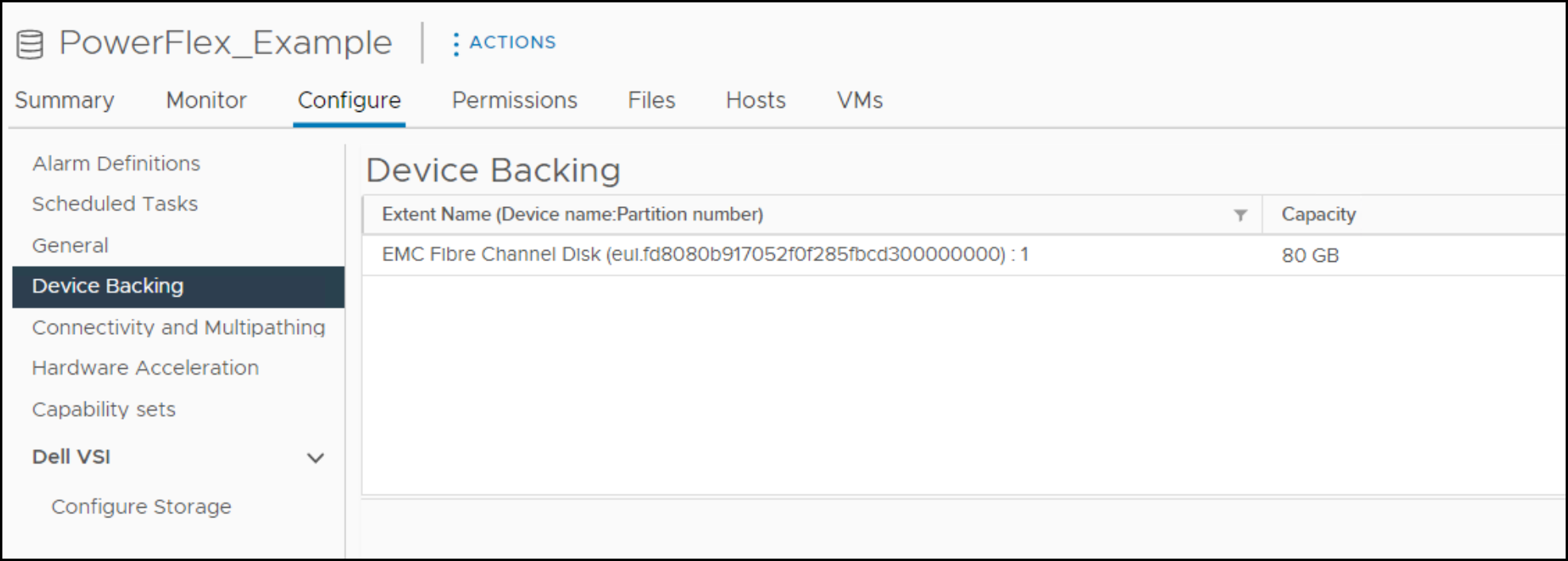 Bei der Beispielumgebung handelt es sich um einen einzelnen 80-GB-Datenspeicher mit dem Namen PowerFlex_Example: