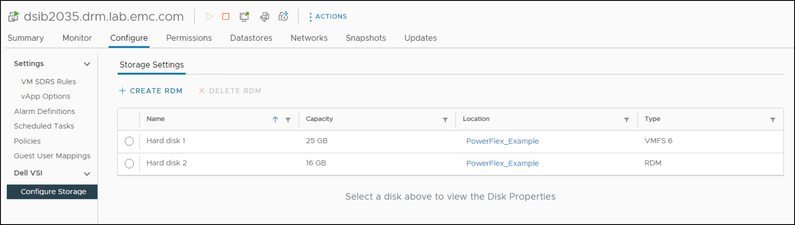Es gibt eine einzelne VM in diesem Datenspeicher mit 16 GB RDM. Hier zeigt VSI die RDM an: