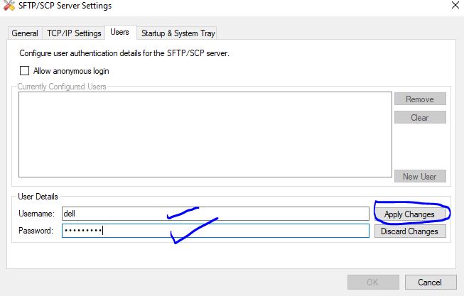 Setting new username and password in "Users" Tab
