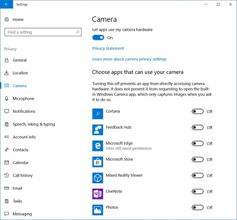 Privacy settings of the camera in Windows