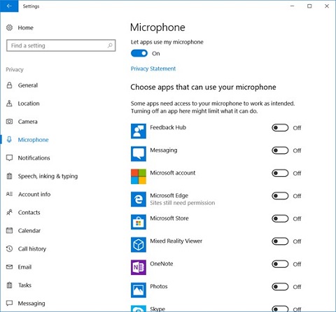 Privacy settings of the microphone in Windows