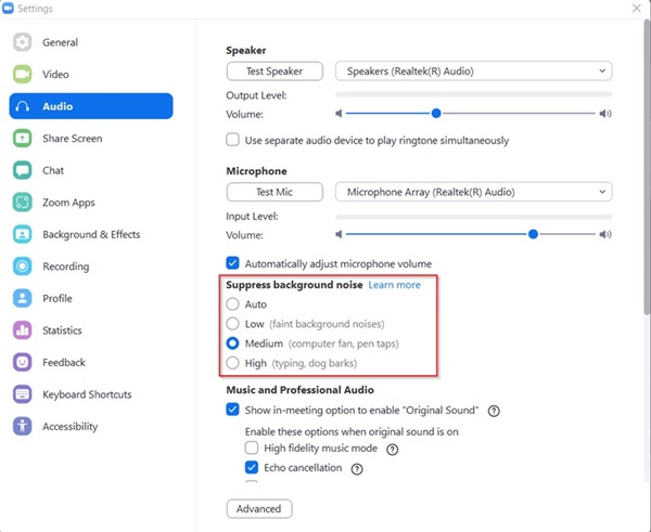 Pagina delle impostazioni audio di Zoom con la sezione Sopprimi rumore di fondo