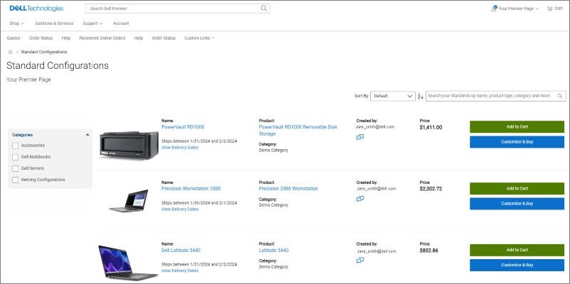 Стандартные конфигурации Dell Premier