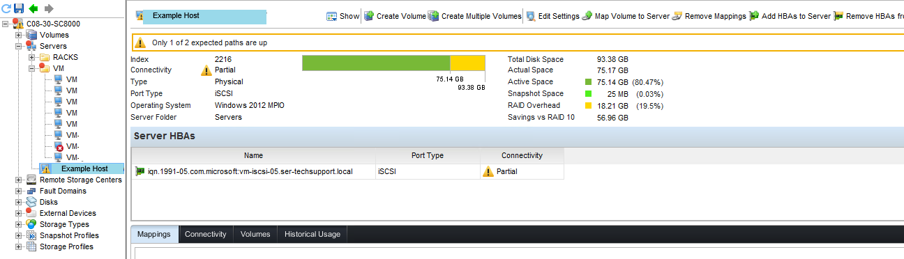 Compellent host connectivity status