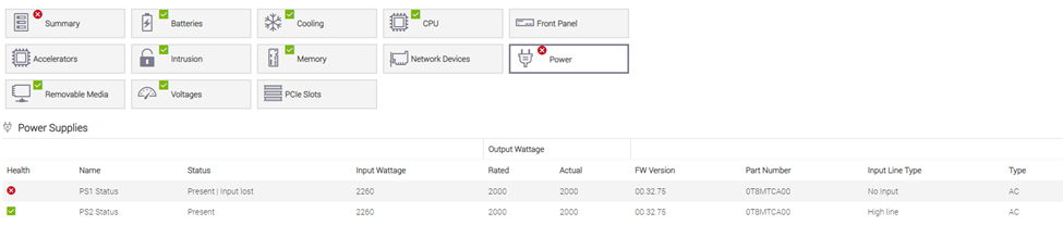 Güç girişinin kaybolduğunu gösteren iDRAC ekran görüntüsü