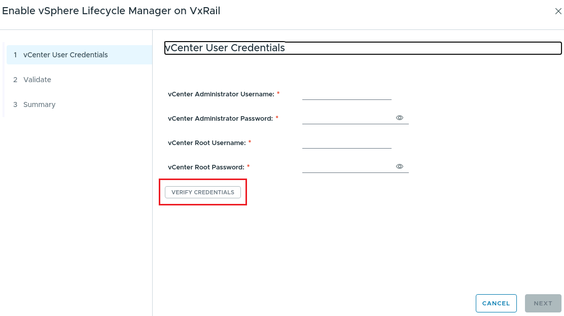vCenter User Credentials form