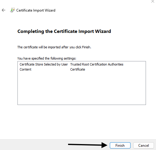The certificate is now part of your trusted root store, enabling encrypted communication without trust errors.