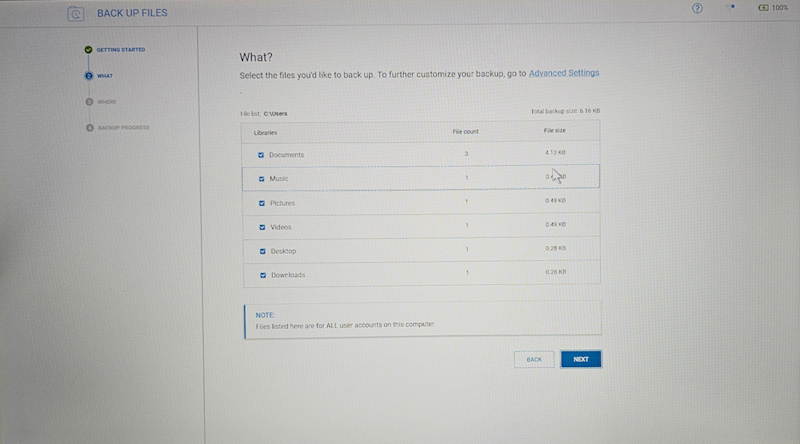 Liste de l’option Files to Back up