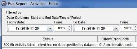 Image showing error  30915 activity failed for no data when report run