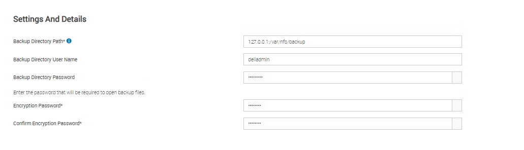 Configurações e detalhes do backup do PowerFlex