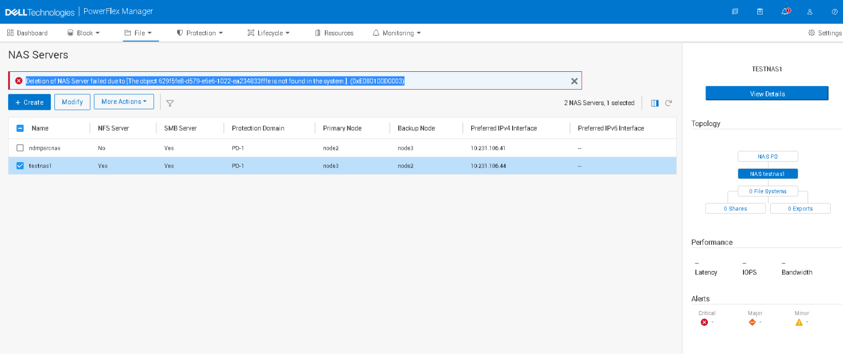La eliminación del servidor NAS falló