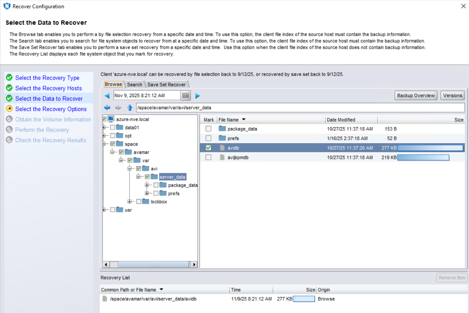 Selezione del saveset avidb