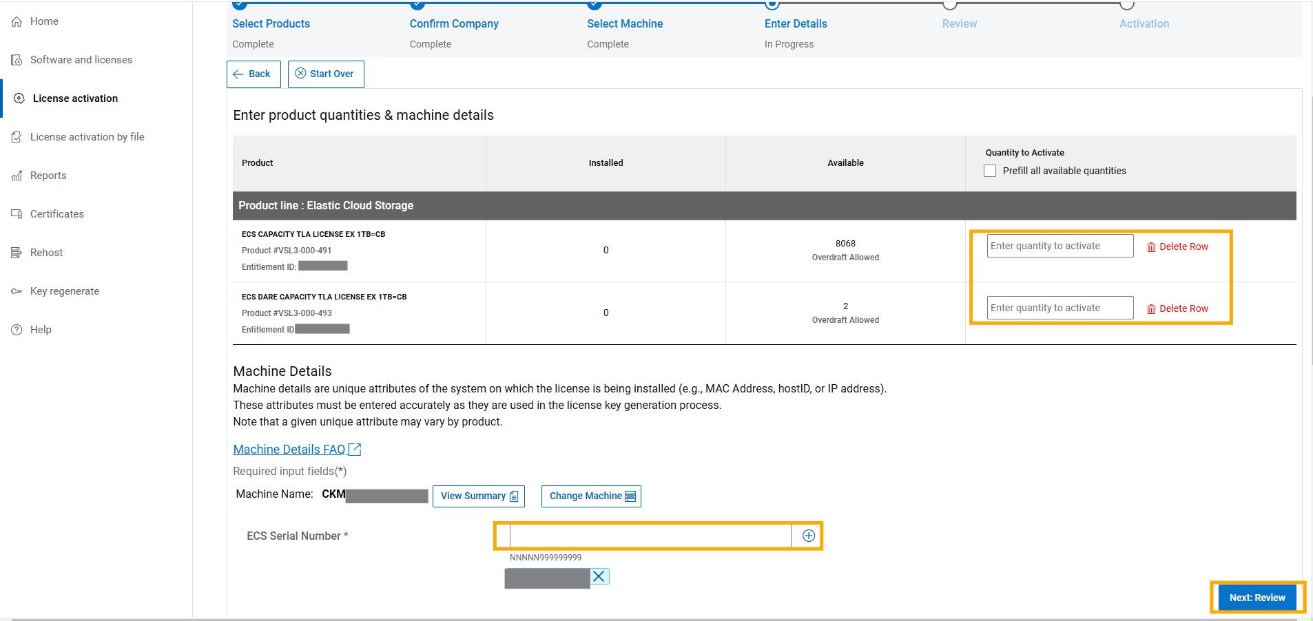 Software Licensing Central 잠금 ID 및 수량 추가