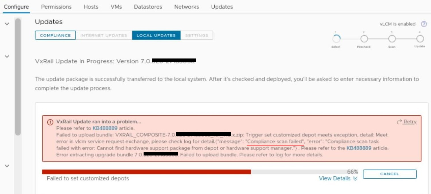 VxRail：vLCM 无法上传升级捆绑包，并显示错误消息“合规性扫描失败” | Dell 中国