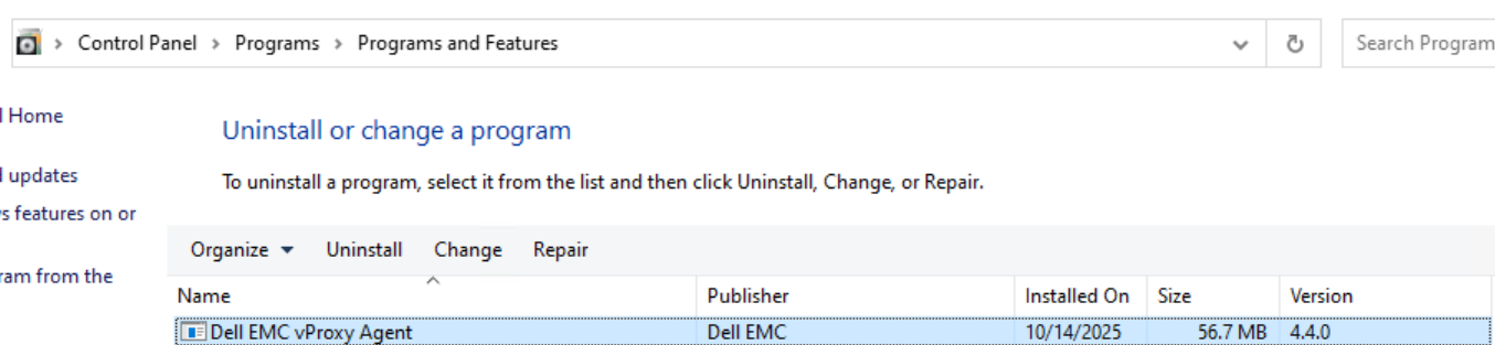 FLR aracısının yüklü olduğunu gösteren Programlar ve Özellikler