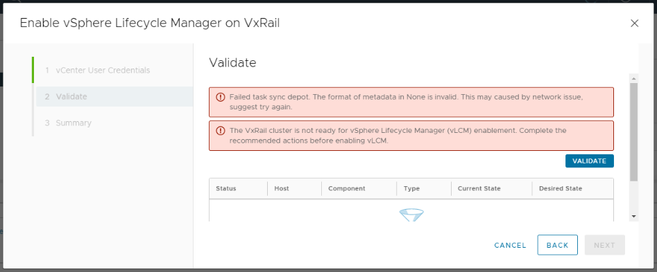 Näyttökuva vLCM-virheestä