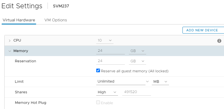 Configuración de RAM de SVM