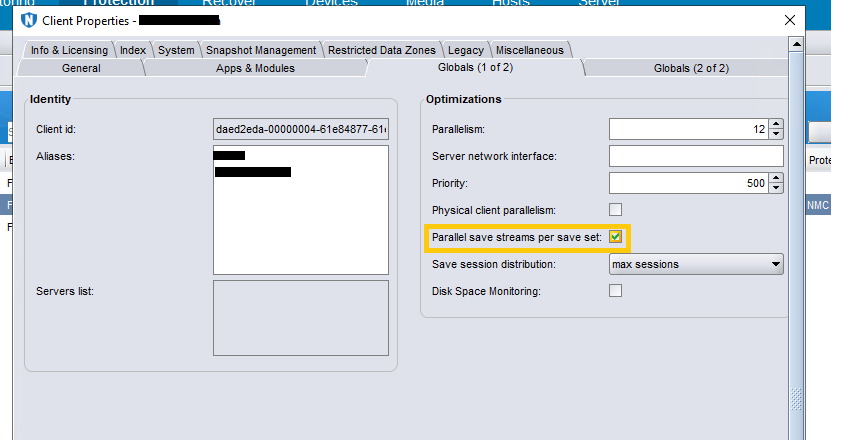 Свойства клиента в пользовательском интерфейсе NetWorker