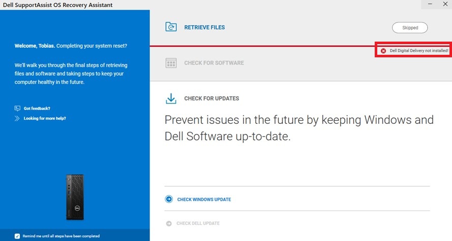 Brukergrensesnittet for SupportAssist OS Recovery Assistant-applikasjonen viser feilen Dell Digital Delivery ikke installert!