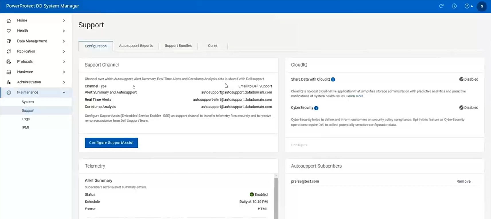 PowerProtect DD System Manager -käyttöliittymän ylläpito -> Tuki -> Kokoonpano