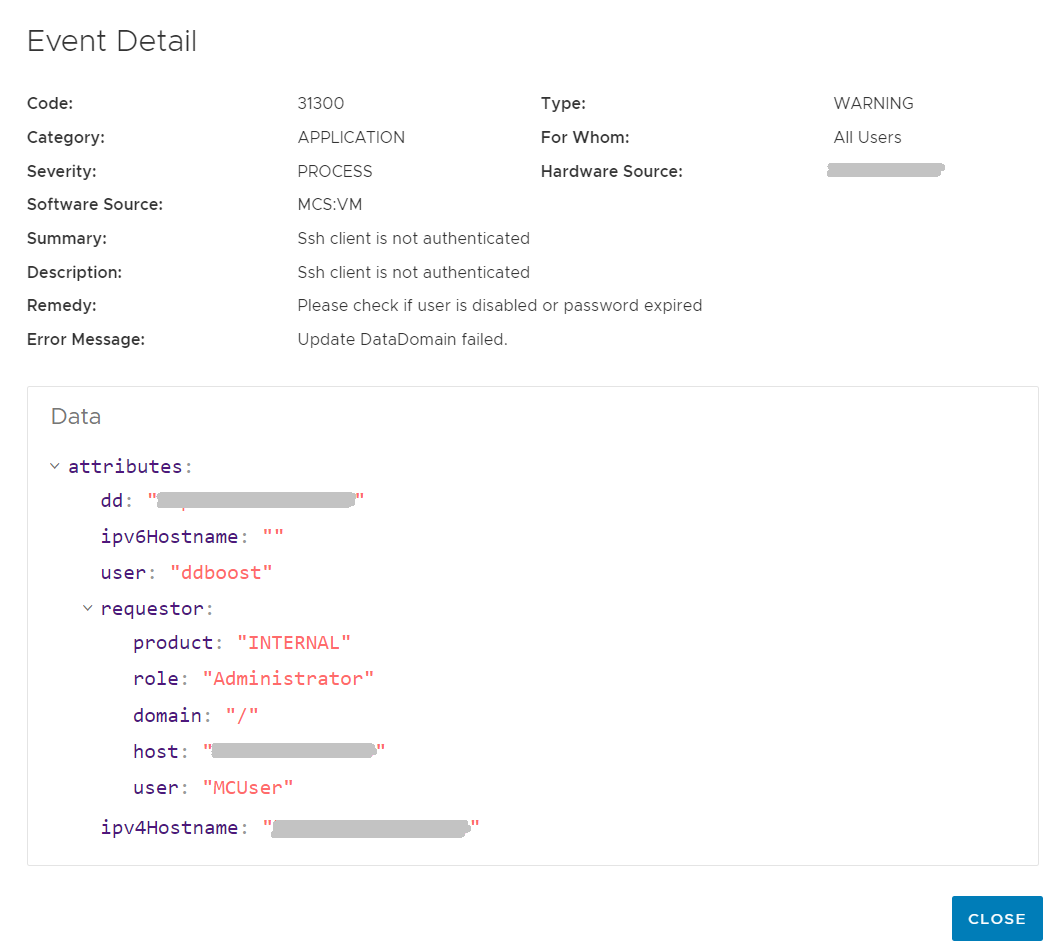 Modifiez Data Domain dans AUI pour afficher le message d’erreur.