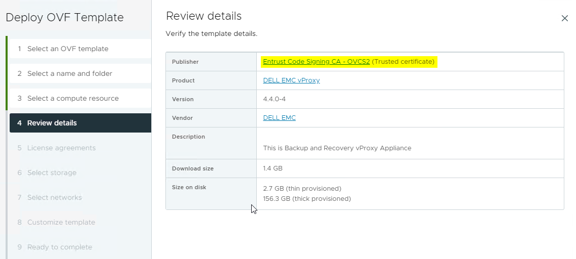 L’importation d’OVA vSphere affiche Entrust en tant que certificat de confiance