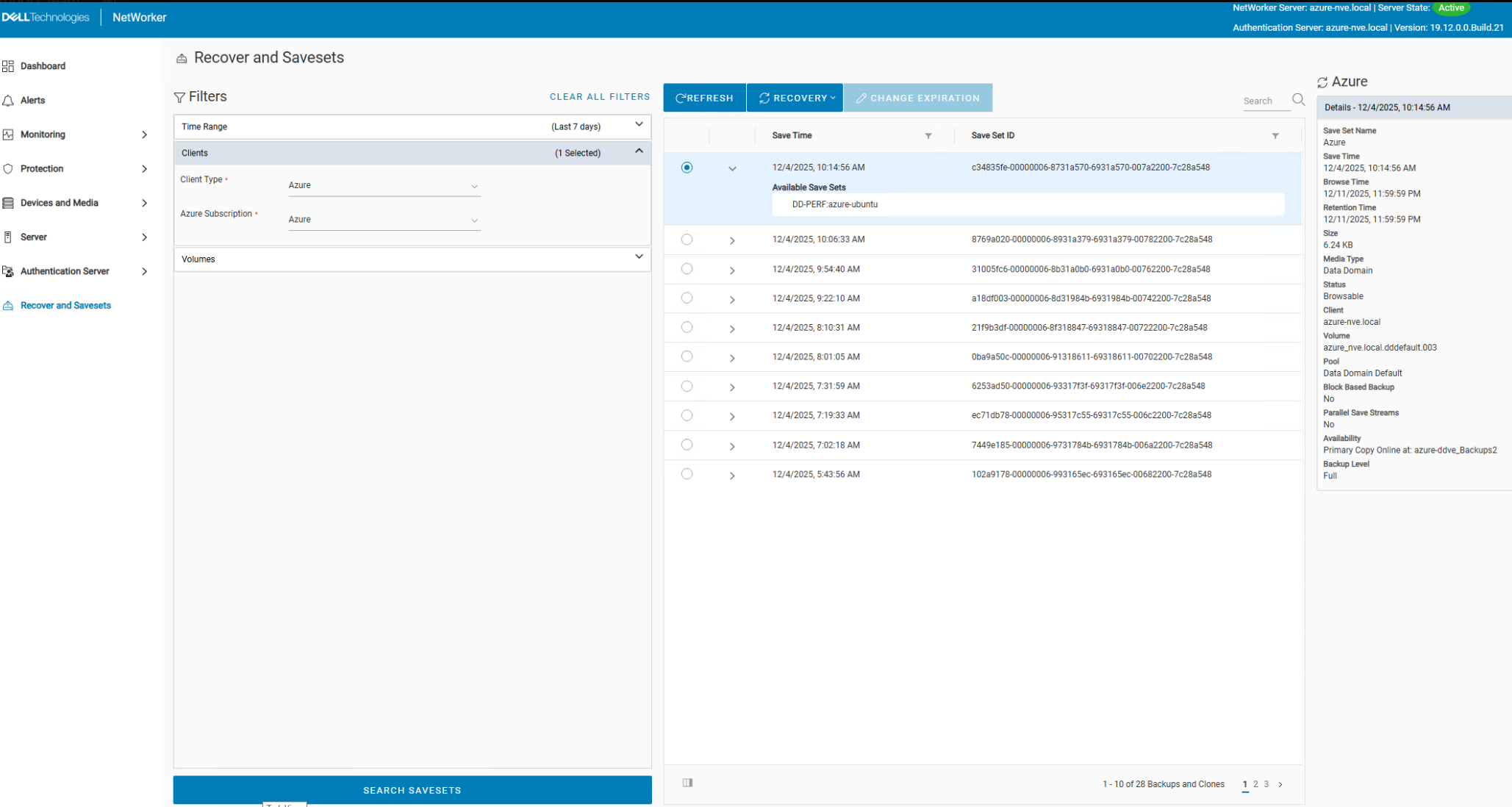 Вибір Azure save set in NWUI recover UI