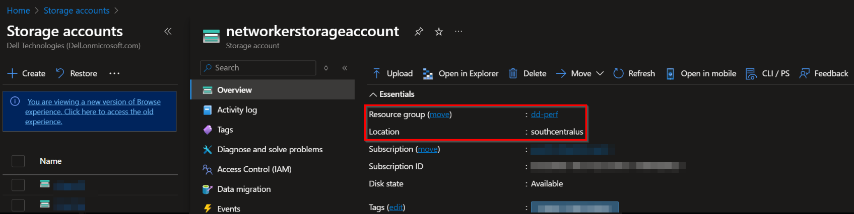 Location account Azure Storage