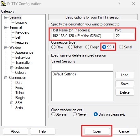 Putty-sovellus - yhteyden avaaminen iDRACiin