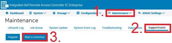 Menu per la raccolta SupportAssist in iDRAC9