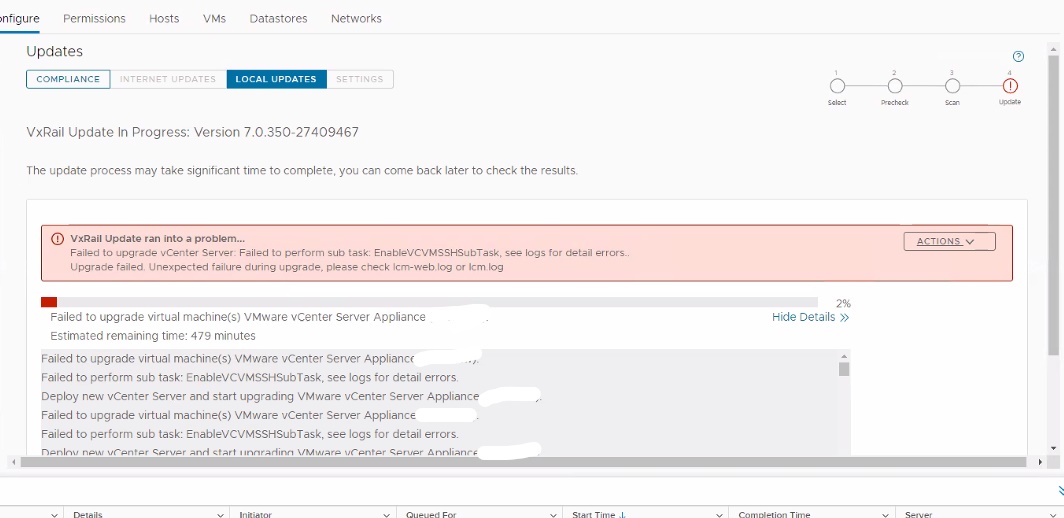 Screenshot des Fehlers beim fehlgeschlagenen Upgrade.