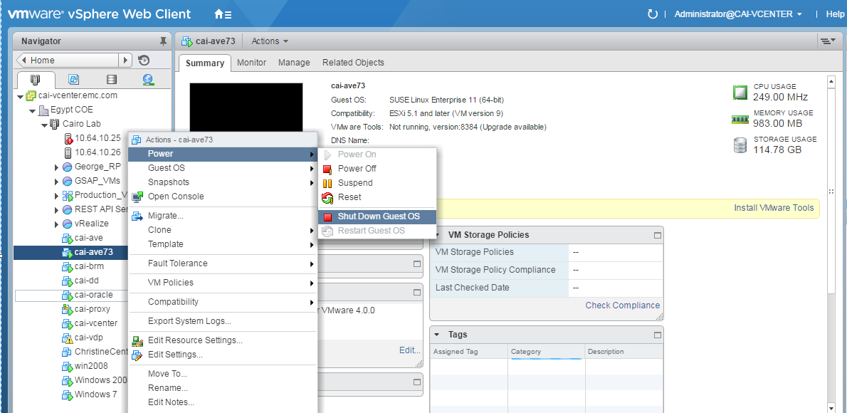 Resimde, vSphere'de Avamar VM'nin nasıl kapatılacağı gösterilmektedir