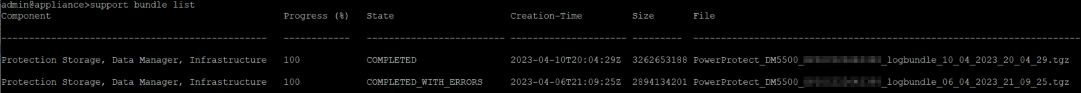 command line showing output of support bundle list